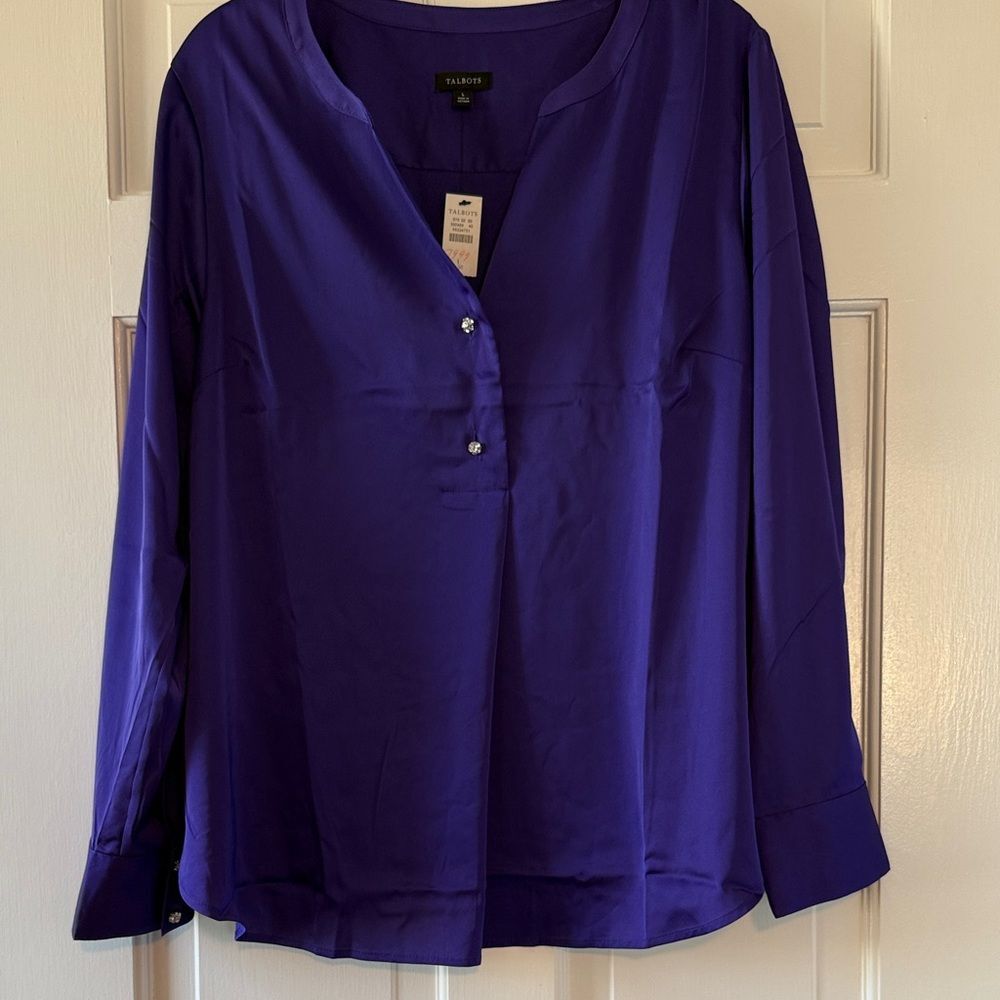 NWT Talbots Deep Purple Satin Long-Sleeve Split-Neck Blouse Rhinestones Large